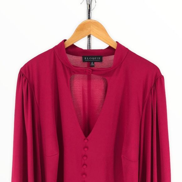 Eloquii Claret Open Neck Cutout Long Sleeve Button Front Dress NWT size 22 - Picture 2 of 13